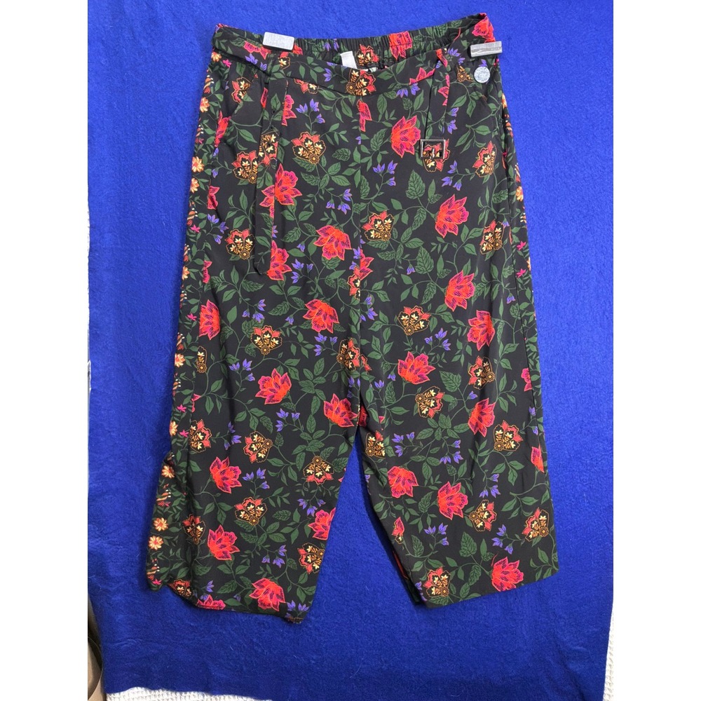Boho Womens Joie Floral Print Cropped Wide Leg Pants XL Black Red